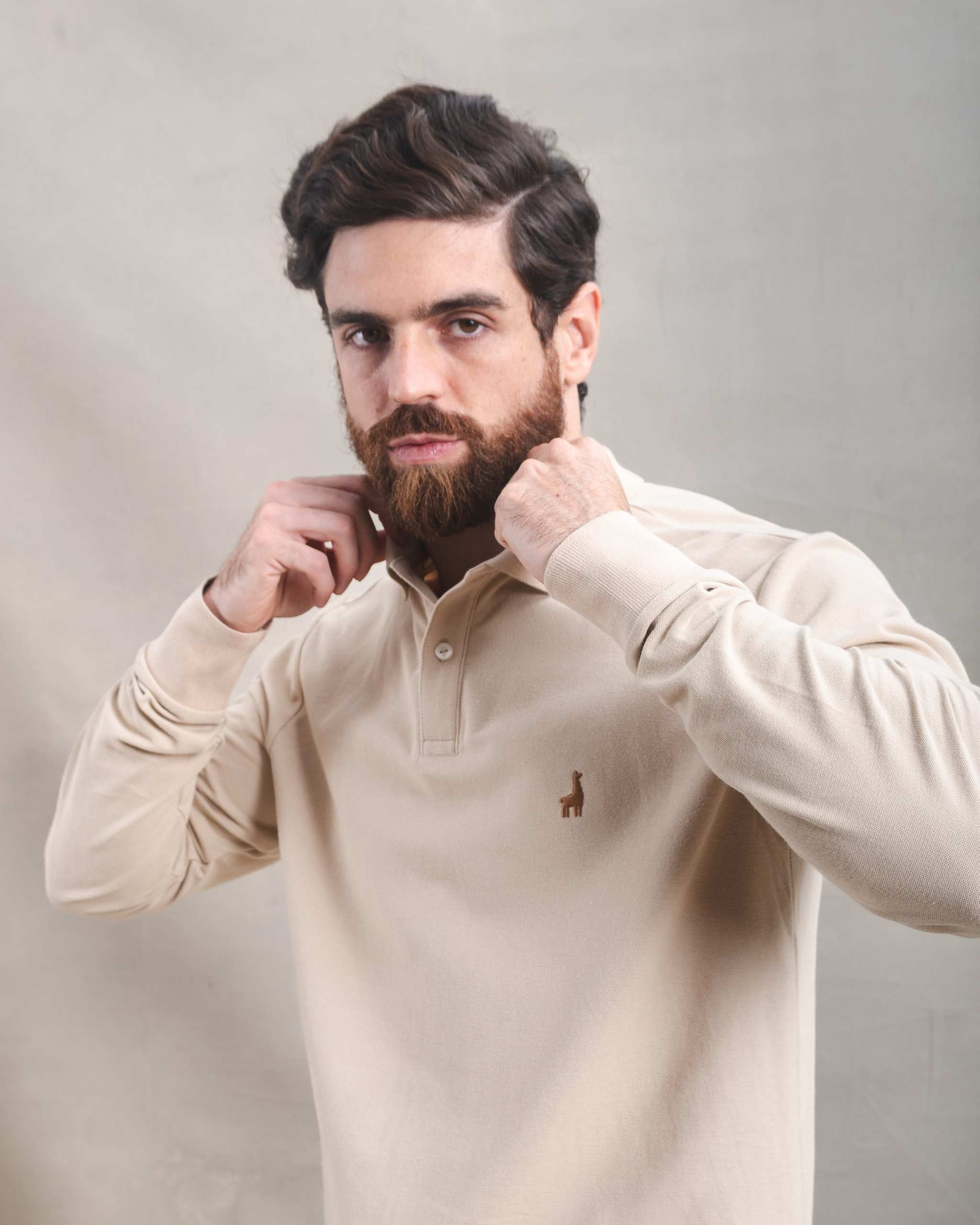 Polo Piqué Manga Larga Beige