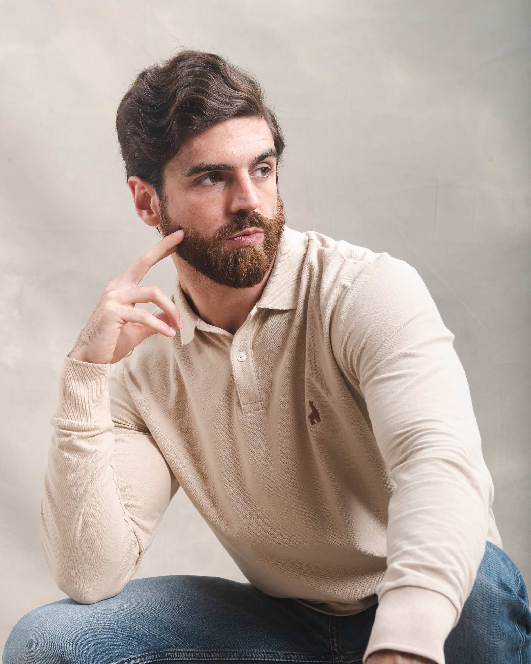 Polo Piqué Manga Larga Beige