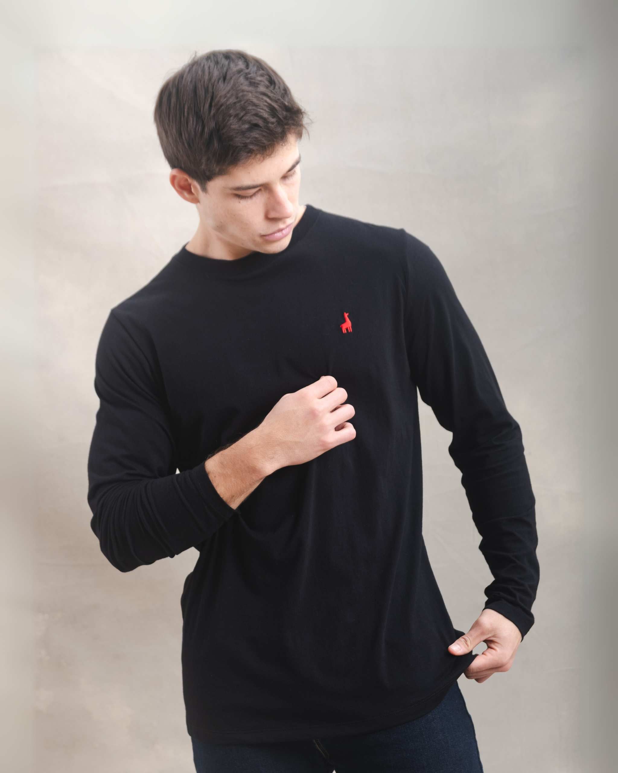 Polo Manga Larga Negro 100% Soft Pima